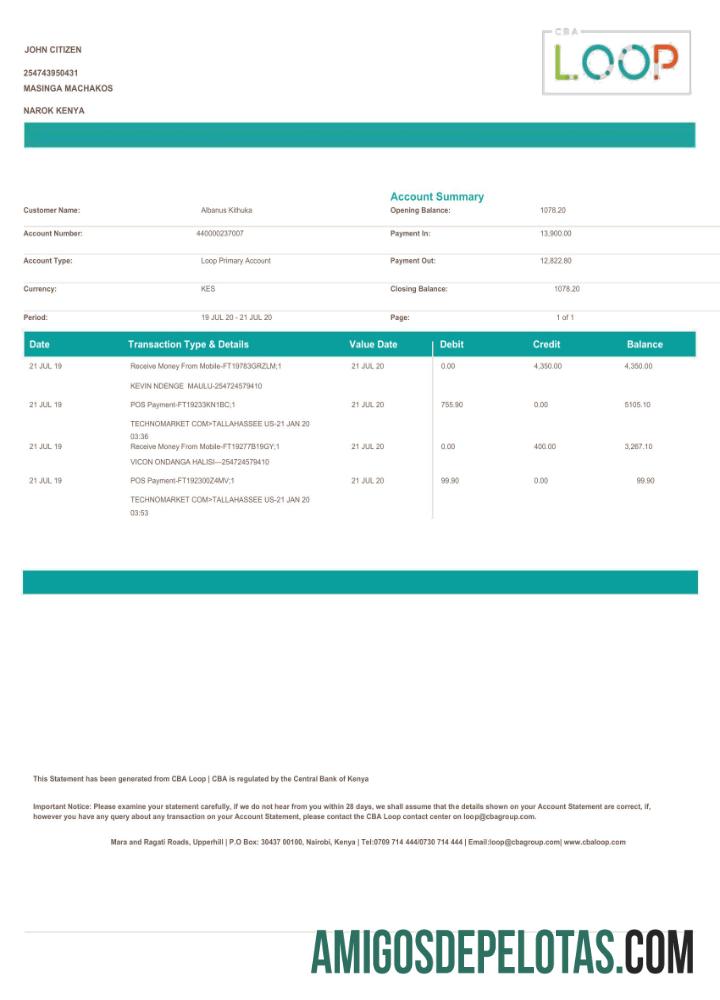Modelo realista de extrato bancário do Kenya Loop em Word e PDF
